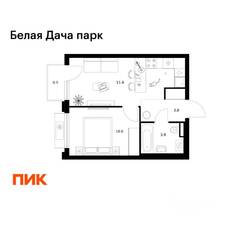 ЖК «Белая Дача парк», планировка 1-комнатной квартиры, 34.60 м²