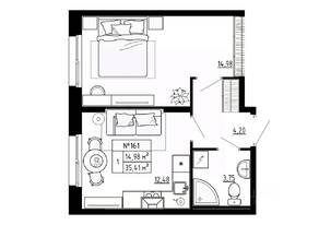 МЖК «Аннино Сити», планировка 1-комнатной квартиры, 35.50 м²