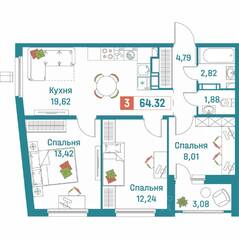 ЖК «Графика», планировка 3-комнатной квартиры, 64.32 м²