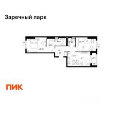 ЖК «Заречный парк», планировка 2-комнатной квартиры, 62.47 м²