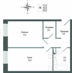ЖК «Киноквартал», планировка 1-комнатной квартиры, 43.90 м²