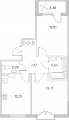 МЖК «Любоград», планировка 2-комнатной квартиры, 53.13 м²