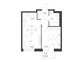 ЖК «Новое Внуково», планировка 1-комнатной квартиры, 38.85 м²