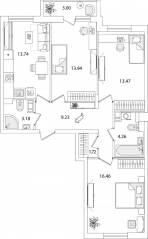 ЖК «Кинопарк», планировка 3-комнатной квартиры, 77.50 м²