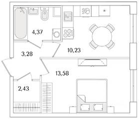 ЖК «Кинопарк», планировка 1-комнатной квартиры, 33.89 м²