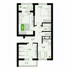 ЖК «Химки Тайм», планировка 3-комнатной квартиры, 65.87 м²
