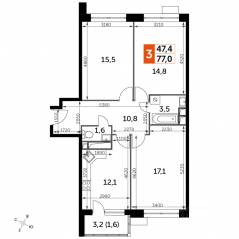 МФК «Датский квартал», планировка 3-комнатной квартиры, 76.90 м²