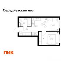 ЖК «Середневский лес», планировка 1-комнатной квартиры, 35.70 м²