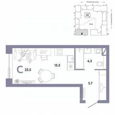 ЖК «Страна.Заречная», планировка студии, 25.50 м²