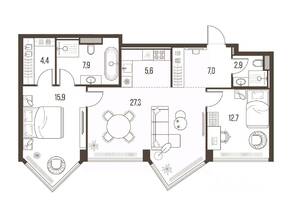 ЖК «High Life», планировка 3-комнатной квартиры, 83.70 м²