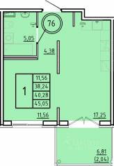 МЖК «Образцовый квартал 16», планировка 1-комнатной квартиры, 38.24 м²