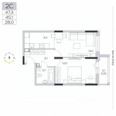 ЖК «Пироговская Ривьера», планировка 1-комнатной квартиры, 45.60 м²