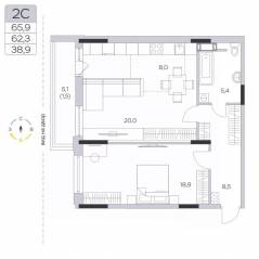 ЖК «Пироговская Ривьера», планировка 2-комнатной квартиры, 62.50 м²
