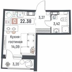 ЖК «Авиатор» (Девяткино), планировка студии, 22.38 м²