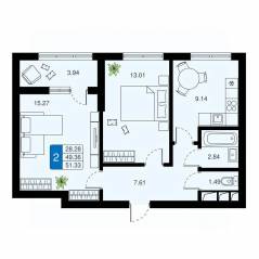 ЖК «Химки Тайм», планировка 2-комнатной квартиры, 51.33 м²