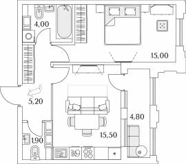 ЖК «Тайм Сквер», планировка 1-комнатной квартиры, 44.00 м²