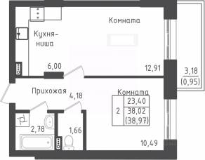 ЖК «Зеленый Оазис-Город», планировка 1-комнатной квартиры, 38.97 м²