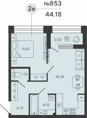 ЖК «Bashni Element», планировка 1-комнатной квартиры, 44.18 м²