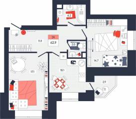 ЖК «Феникс», планировка 2-комнатной квартиры, 62.90 м²