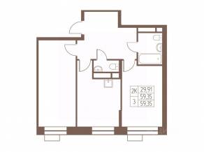 ЖК «Западная Ивантеевка», планировка 2-комнатной квартиры, 59.40 м²