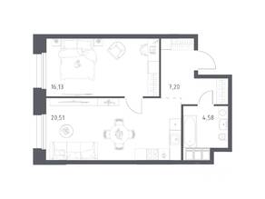 Апарт-комплекс «Тропарево парк», планировка 1-комнатной квартиры, 48.42 м²