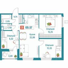 ЖК «Графика», планировка 3-комнатной квартиры, 69.57 м²