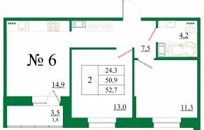 ЖК «Орловский бульвар», планировка 2-комнатной квартиры, 52.70 м²