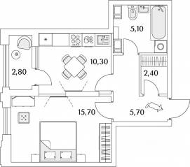 ЖК «Тайм Сквер», планировка 1-комнатной квартиры, 41.10 м²