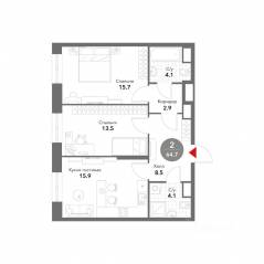 МФК «Voxhall», планировка 2-комнатной квартиры, 64.90 м²