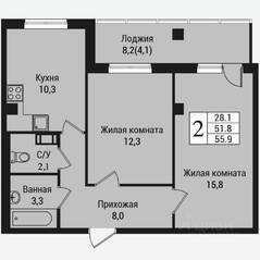 ЖК «Южная заря», планировка 2-комнатной квартиры, 59.80 м²