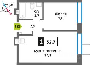 ЖК «Никольский квартал Отрада», планировка 1-комнатной квартиры, 32.70 м²