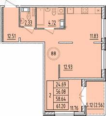 МЖК «Образцовый квартал 17», планировка 2-комнатной квартиры, 56.08 м²