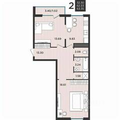 МЖК «Новокасимово», планировка 2-комнатной квартиры, 63.00 м²