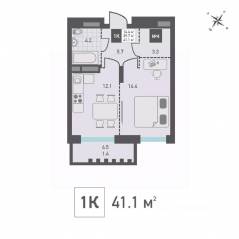 ЖК «Зеленоград Ривьера», планировка 1-комнатной квартиры, 41.10 м²