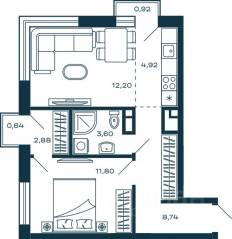 ЖК «М_5», планировка 1-комнатной квартиры, 44.61 м²