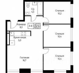 Апарт-комплекс «Aist Residence», планировка 3-комнатной квартиры, 65.30 м²