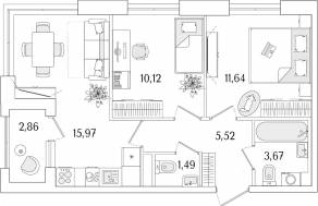 ЖК «Гранат», планировка 2-комнатной квартиры, 49.84 м²