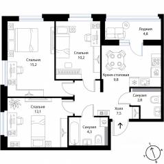 МЖК «Экография», планировка 3-комнатной квартиры, 64.30 м²