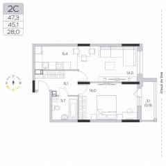 ЖК «Пироговская Ривьера», планировка 1-комнатной квартиры, 45.20 м²