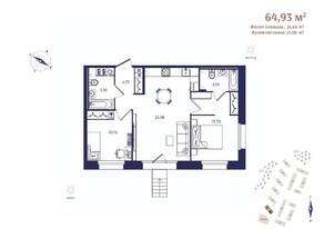 ЖК «Ranta Residence», планировка 2-комнатной квартиры, 64.93 м²