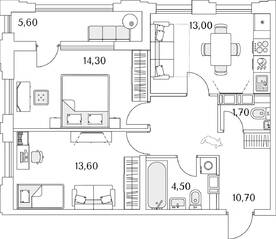 ЖК «Тайм Сквер», планировка 2-комнатной квартиры, 60.50 м²