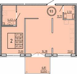 МЖК «Образцовый квартал 16», планировка 2-комнатной квартиры, 58.85 м²