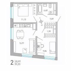 ЖК «Министр», планировка 2-комнатной квартиры, 51.33 м²