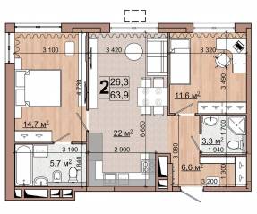 ЖК «Гранд Комфорт», планировка 2-комнатной квартиры, 63.90 м²