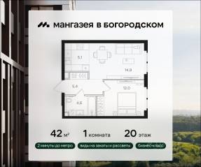 ЖК «Мангазея в Богородском», планировка 1-комнатной квартиры, 42.00 м²