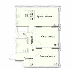 ЖК «Отрадный», планировка 2-комнатной квартиры, 58.50 м²