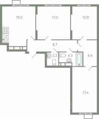 ЖК «Ново-Молоково», планировка 3-комнатной квартиры, 86.90 м²
