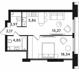 ЖК «Solos», планировка 1-комнатной квартиры, 49.66 м²