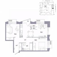 ЖК «Страна.Заречная», планировка 3-комнатной квартиры, 53.70 м²