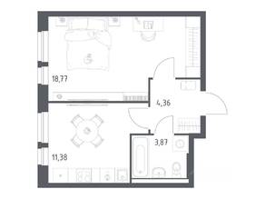ЖК «Квартал Авиаторов», планировка 1-комнатной квартиры, 38.38 м²